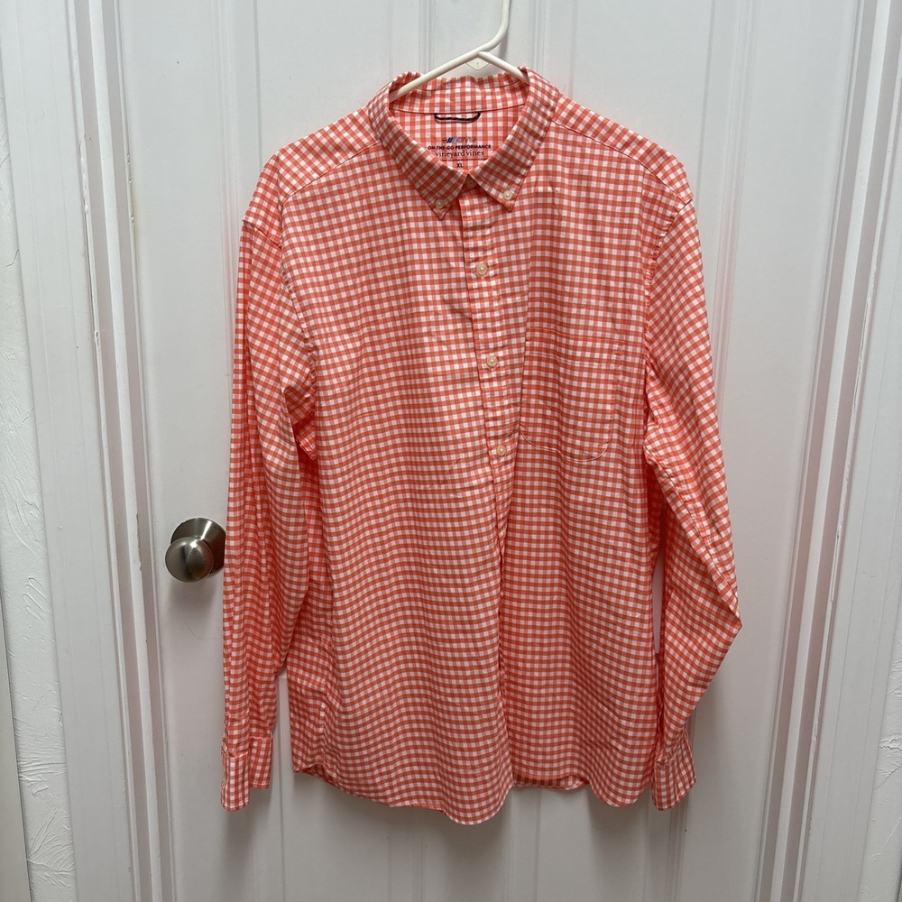 Vineyard Vines On The Go Brrr Performance Orange Plaid Button Down Shirt Sz XL